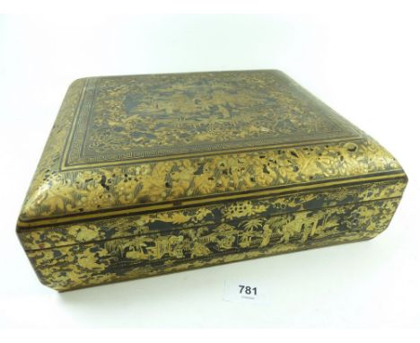 A 19th century Chinese export black lacquer games box fitted four playing card boxes and eight dishes decorated playing card 