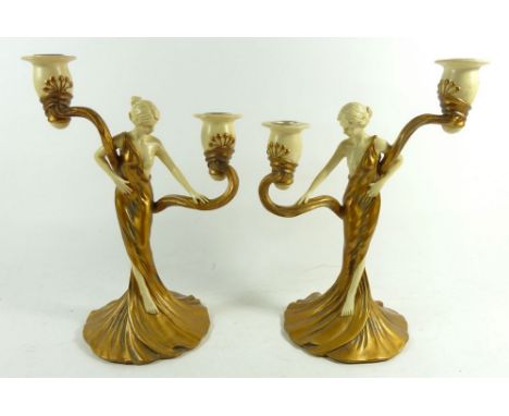A pair of vintage composite Art Nouveau candlesticks in the form of women, 29cm