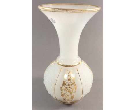 A Victorian opaline and gilt glass vase with bubbled panel, 17cm tall 