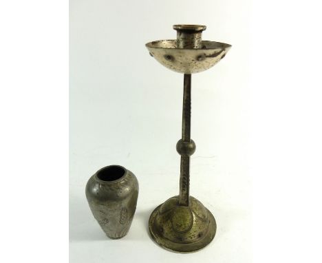 A Kayserzinn pewter vase decorated wheat and a WMF Arts &amp; Crafts candlestick 