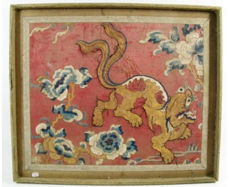 An antique Chinese embroidered silk dog of Fo panel with metallic thread, 37 x 44cm 