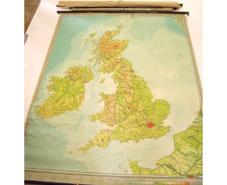 Three large vintage linen backed school wall maps to include: Australia, South America and British Isles (two by Westermunn a