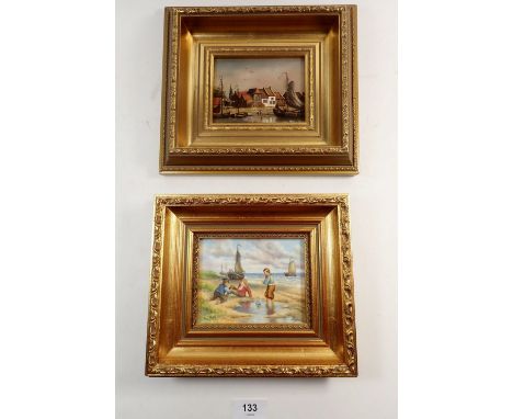 Francis Clark (ex Worcester artist) - oil on porcelain plaque, children playing in coastal scene plus an oil on panel Dutch s