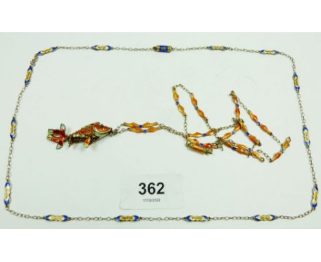 Two oriental silver enamel necklaces, one with an articulated fish 