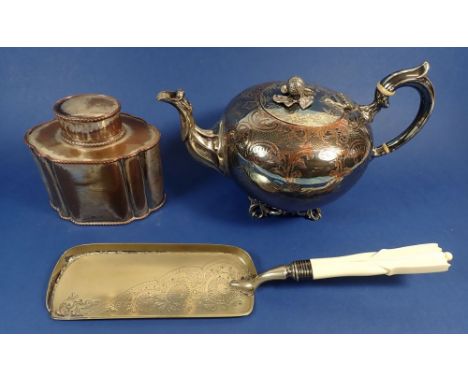 A silver-plated tea caddy, teapot and crumb scoop 