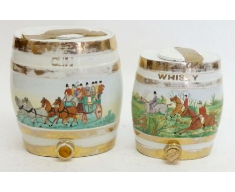 Two Staffordshire pottery barrels for Gin and Whisky, painted hunting and coaching scenes