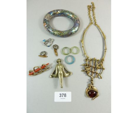 A box of costume jewellery including an Art Nouveau enamel brooch, a pair of Essex Crystal style cufflinks etc 