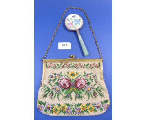 A beaded floral evening bag and a stone handled and porcelain small vanity mirror