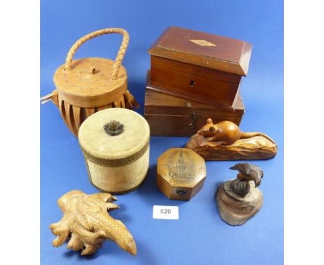 A 19th century mahogany box with key, 16.5cm wide, mauchline ware tin and hexagonal box,  vintage leather bag, carved treen a