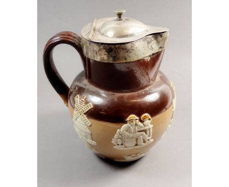 A Royal Doulton hunting jug with silver lid and rim, 18cm tall 