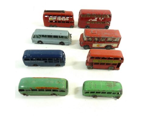 A group of seven Lesney Matchbox diecast buses and a Corgi one 