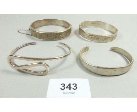Two vintage silver bracelets, Birmingham 1966 and 1972 plus two silver cuff bracelets, one stamped Mexico AMP, combined weigh
