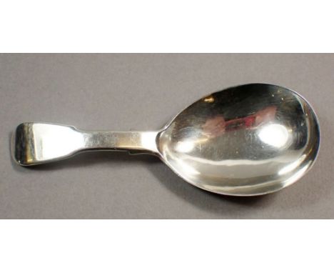 A fiddle pattern silver caddy spoon, London 1850 by IRH 