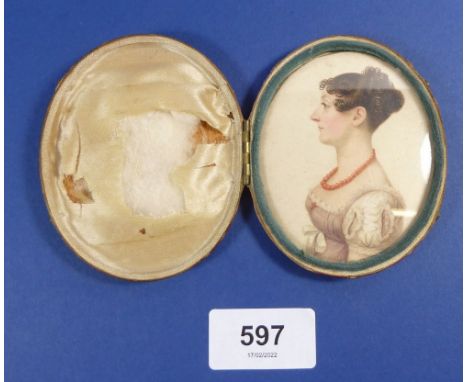 A Regency watercolour miniature portrait of a lady wearing a coral necklace,  7.6cm x 6.3cm 