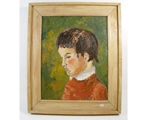 Oil on board - portrait of a boy in profile circa 1960s - 70s, 35 x 27.5cm 