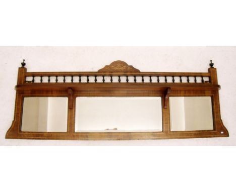 A Victorian rosewood marquetry hall mirror with three bevelled glasses and spindle gallery over shelf, 144cm long approx 