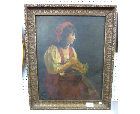 A 19th century oil on canvas continental girl seated holding plaited loaf of bread, 44cm x 34cm 