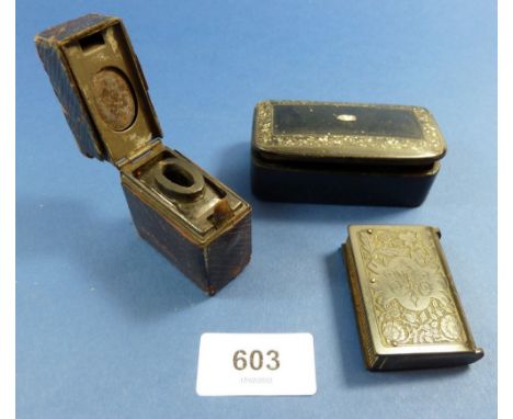 A leather travelling inkwell, a QV pressed composition book form vesta and a papier mache snuff box 