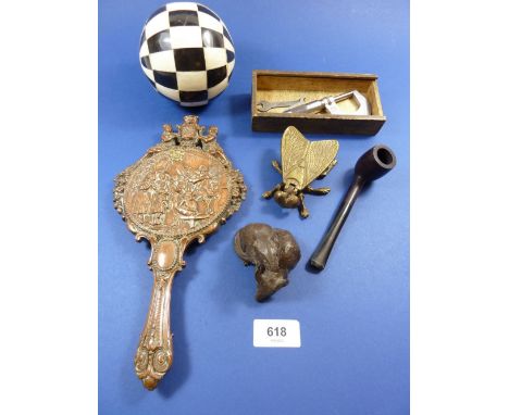 A Brown and Sharpe micrometer, a Victorian electrotype copper hand mirror stamped Magie (26.5cm length), a horn and bone inla