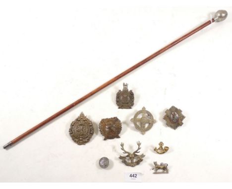 A swagger stick to the London Scottish with regimental badge and various other Scottish cap badges 