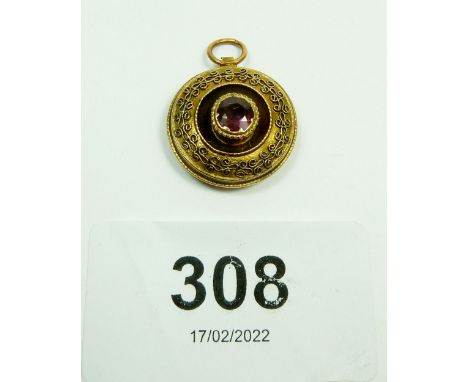 A Victorian yellow metal circular pendant set amethyst, 1.9cm diameter 