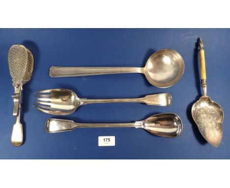 Various silver-plated serving items including an Art Deco soup ladle, sprung serving tongs and salad servers etc 