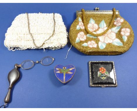 Two vintage beaded bags, an enamelled heart shaped butterfly trinket box, a vintage compact and antique lorgnettes (one bag m