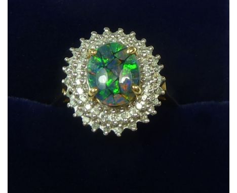 A 9 carat gold opal triplet diamond cluster ring, size M-N, 3.5g 