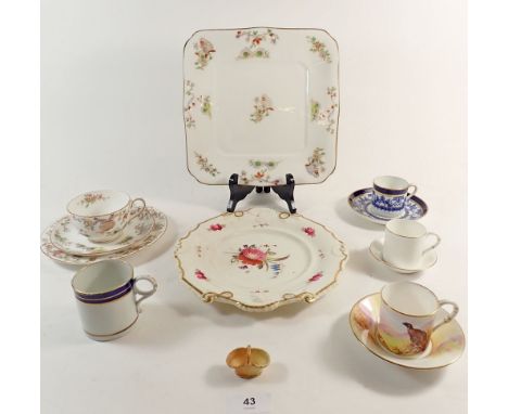 A group of Royal Worcester coffee cans, Spode coffee can, Chamberlains plate painted flowers and Royal Worcester trio and cak