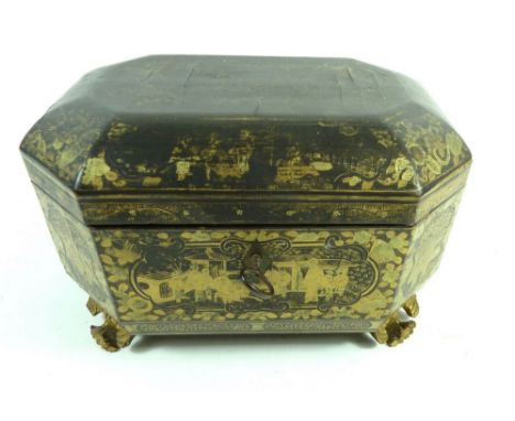 A 19th century Chinese export black and gilt lacquer tea caddy fitted two pewter tea caddies, 21 x 14 x 13cm