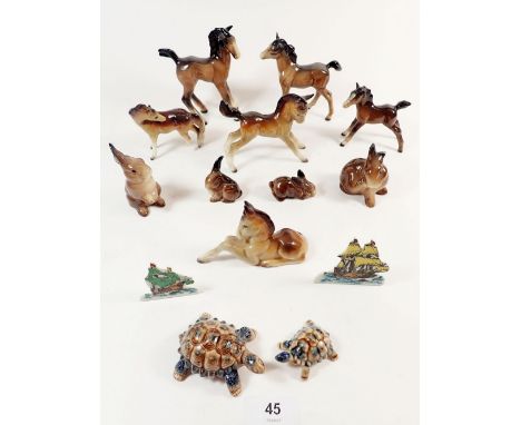 A collection of Beswick and Midwinter foals, a Beswick rabbit family, two Wade snippets, tortoises etc 