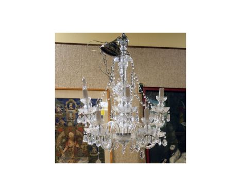 Mid Century Maria Theresa Style 8 Light Cut Crystal Chandelier with Hanging Prism. Missing two arms, needs cleaning. Measures