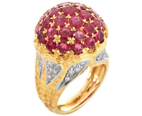 Vintage Spitzer &amp; Furhmann Italian Burma Ruby, Pave Set Diamond and 18 Karat Yellow Gold Cluster Ring. Rubies with vivid 