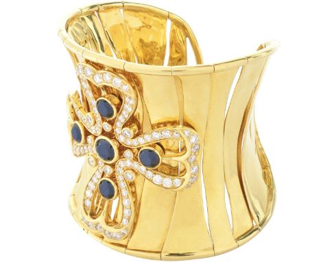 Vintage Approx. 7.0 Carat Round Brilliant Cut Diamond, 5.0 Carat Sapphire and Heavy 18 Karat Yellow Gold Cuff Bangle Bracelet
