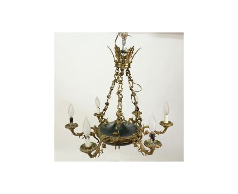 19/20th Century Empire Style Six-Light Gilt Brass and Tole Chandelier.  Rubbing to gilt, losses to light cover. Measures 21-1