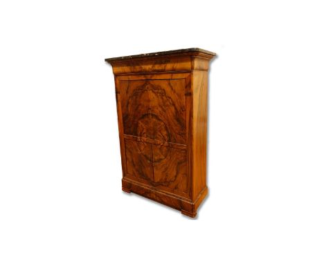 French Louis Philippe Burled Walnut Secretary Desk Cabinet with Marble Top. Drop front opens to reveal a leather writing area