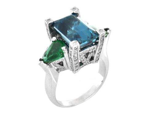 Vintage Approx. 5.0 Carat Emerald Cut London Topaz, 2.0 Carat TW Pear Shape Colombian Emerald, Diamond and 14 Karat White Gol