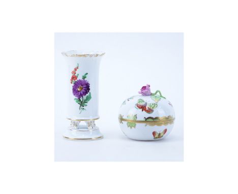 Two (2) Piece Herend and Meissen Lot. Includes Herend trinket box, Meissen Vase. Signed. Vase with small chip on bottom. Vase
