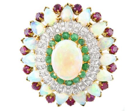 Vintage Opal, Round Brilliant Cut Diamond, Emerald, Ruby and 18 Karat Yellow Gold Pendant / Brooch. Center oval cabochon opal