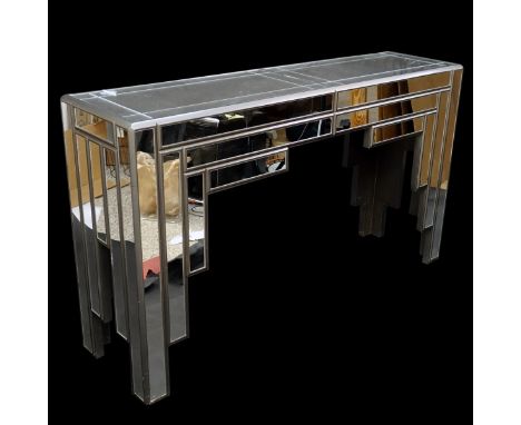 Mid Century Gampel-Stoll Style Skyscraper Mirrored Console Table. Measures 31" H x 53-1/4" W x 14" D Condition: Some scuffs t