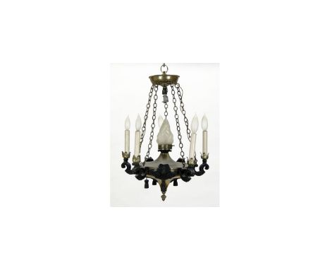 Early 20th Century Neo-Classical Style Six (6) Light Gilt Metal and Patinated Metal Chandelier. Unsigned. Oxidation to Gilt M