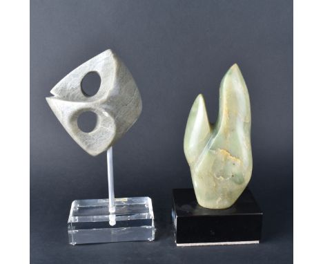 Two (2) Vintage Free Form Stone Sculptures On Bases. "Still Leaves" by Hillie and dated 1964. Measures 12" H x 5-3/4" W (base