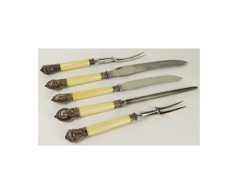 19th Century Sheffield, England Harrison Bros. &amp; Howson Sterling Silver Mounted Ivory Handled Five (5) Piece Carving Set 