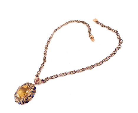 Vintage Approx. 50.0 Carat Oval Cut Citrine, 4.0 carat Cabochon Ruby, 2.0 Carat Single Cut Diamond, Enamel and 14 Karat Yello