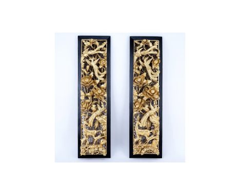 Pair of Chinese Giltwood Deep Relief Carved Panels. A few small nicks to relief on one panel, light rubbing to gilt overall g