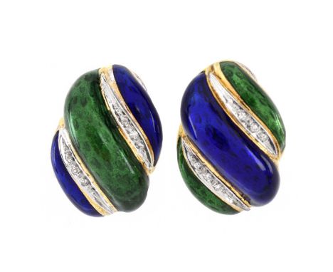 Vintage Italian Schlumberger style Approx. .15 Carat Diamond and Enameled 18 Karat Yellow Gold Earrings. Diamonds I color, SI
