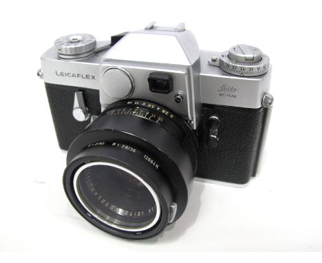 Leicaflex Manual Camera, with Leitz Wetzlar Summicron - R 1:2/50 lens in a black case.