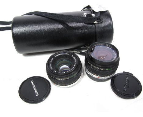 Olympus OM System, Zuiko Auto-S, f=50mm lens, Olympus OM System, Zuiko MC Auto-W 1-28 f=28mm lens, in hard container.