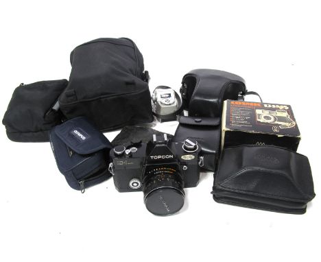 Topcon 1C-1 Auto, with Hi Topcon f=50mm lens in bag, Olympus XA1 Camera in case, Olympus OM 30 with  Olympus 50mm lens, Homo 