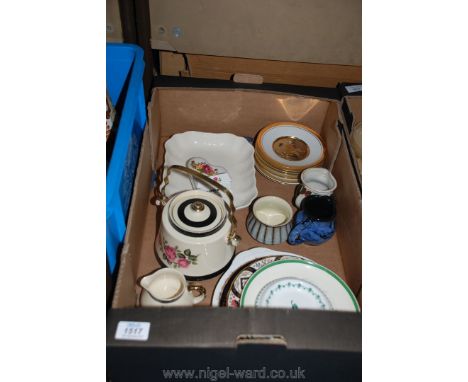 A quantity of china including Crown Derby plate, Royal Worcester 'Tolly' pot stand, Copeland Spode hunting scenes, Limoges, e